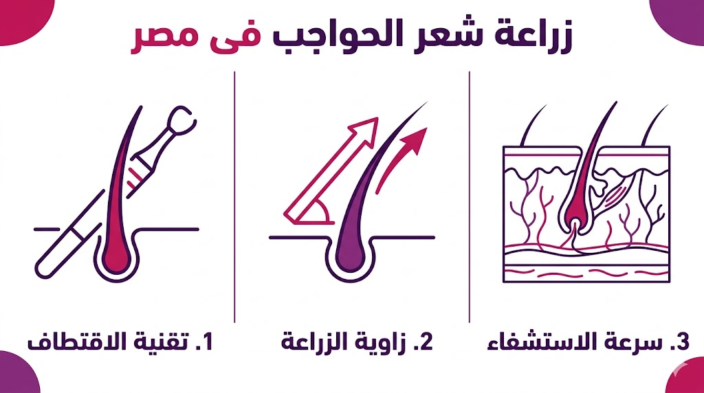  بوستر معلوماتي مقسم لثلاثة أقسام يشرح مميزات وتقنيات زراعة شعر الحواجب فى مصر بشكل مبسط.