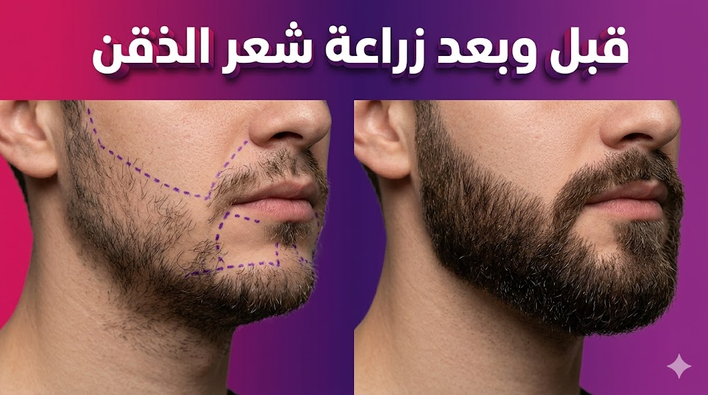  صورة مقارنة قبل وبعد زراعة شعر الذقن تظهر تحديد اللحية وتكثيف الفراغات بشكل طبيعي وواضح.