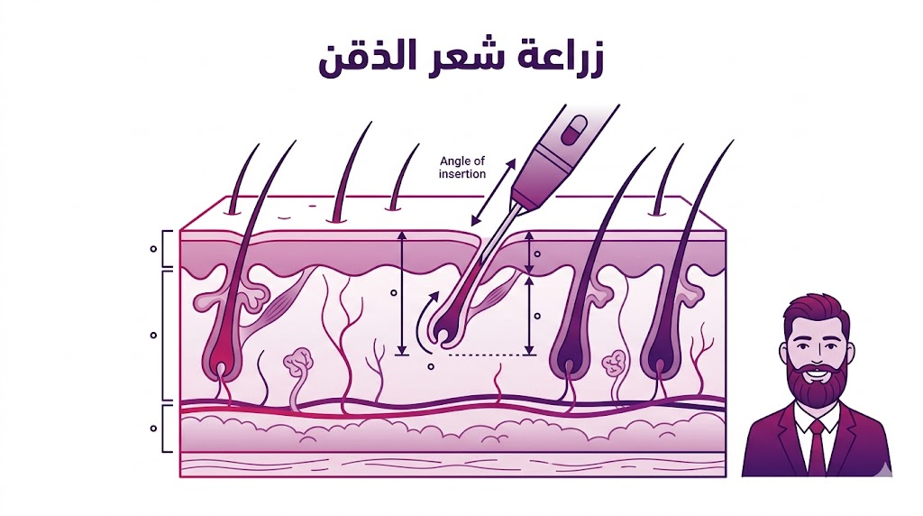 إنفوجرافيك طبي يوضح العلم وراء زراعة شعر الذقن وزوايا غرس البصيلات في منطقة الفك.