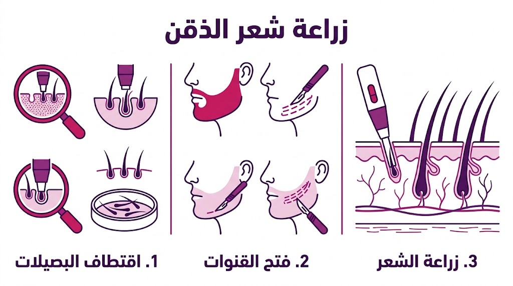 بوستر إنفوجرافيك تعليمي يشرح مراحل زراعة شعر الذقن من الاقتطاف إلى الزراعة النهائية.