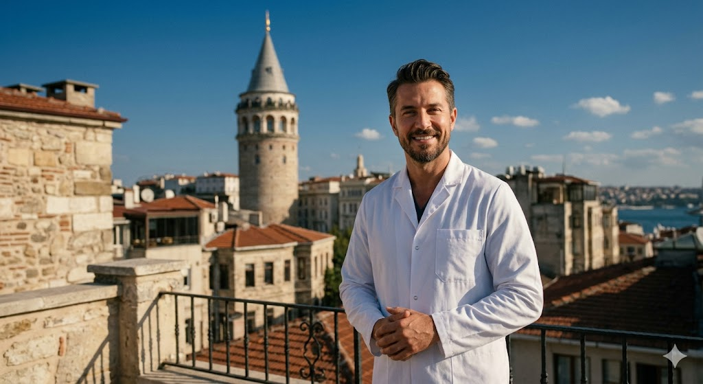 طبيب تجميل متخصص في زراعة شعر الذقن يقف أمام برج غالاتا في إسطنبول تحت ضوء الشمس الطبيعي.