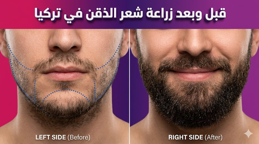  صورة مقارنة "قبل وبعد" توضح نتائج زراعة شعر الذقن في تركيا مع تخطيط طبي دقيق ومظهر نهائي كثيف.