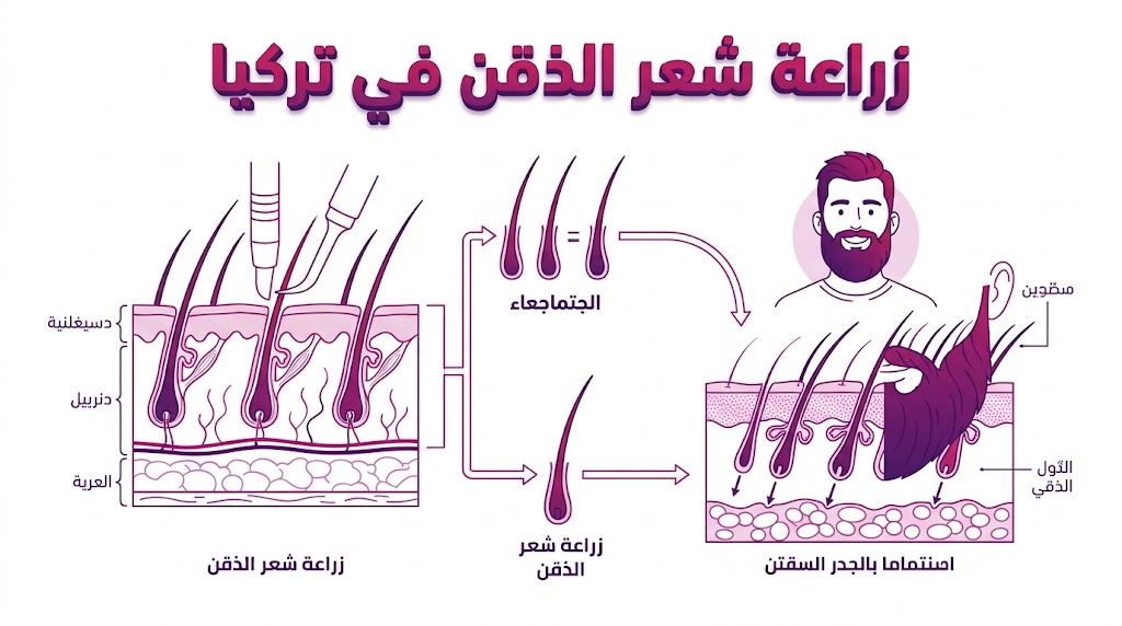 إنفوجرافيك تعليمي يوضح المخطط التشريحي لعملية زراعة شعر الذقن في تركيا وكيفية توزيع البصيلات.