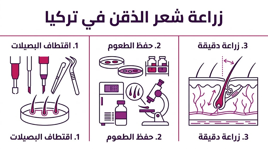  بوستر إنفوجرافيك مقسم لثلاث مراحل يشرح خطوات زراعة شعر الذقن في تركيا من الاقتطاف حتى الزراعة.