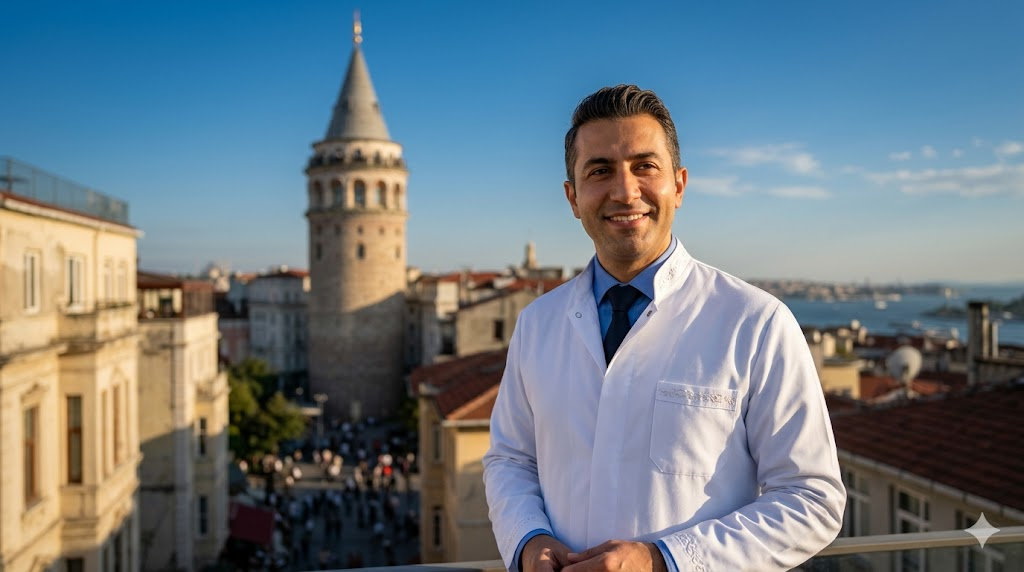  طبيب مختص في زراعة شعر الذقن في تركيا يقف أمام برج غالاتا التاريخي في اسطنبول.