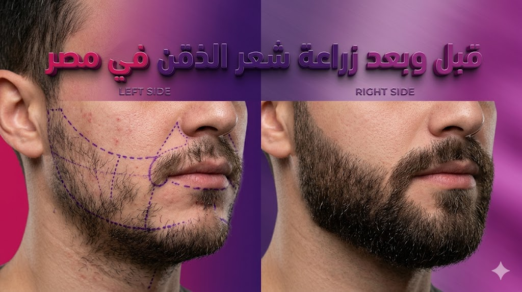  صورة واقعية توضح نتائج قبل وبعد زراعة شعر الذقن في مصر مع تحديد طبي دقيق وكثافة لحية مثالية.