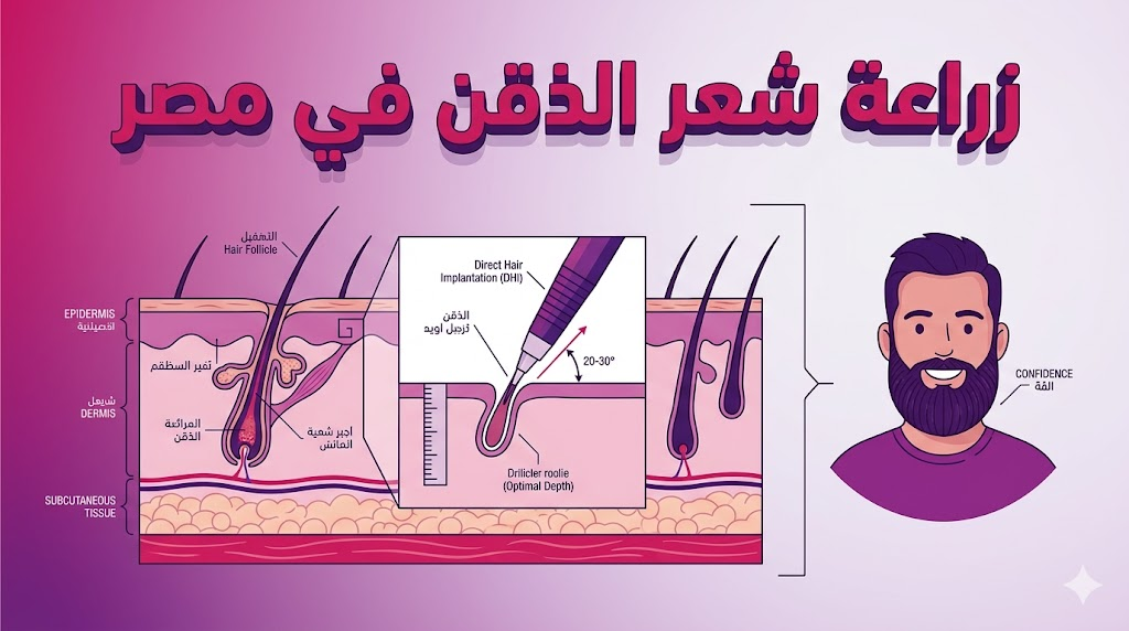  إنفوجرافيك تعليمي يوضح التشريح الطبي الدقيق وكيفية غرس البصيلات أثناء زراعة شعر الذقن في مصر.