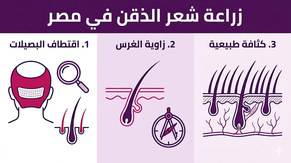  بوستر إنفوجرافيك مقسم لثلاثة أقسام يشرح مراحل زراعة شعر الذقن في مصر من الاقتطاف حتى الكثافة النهائية.