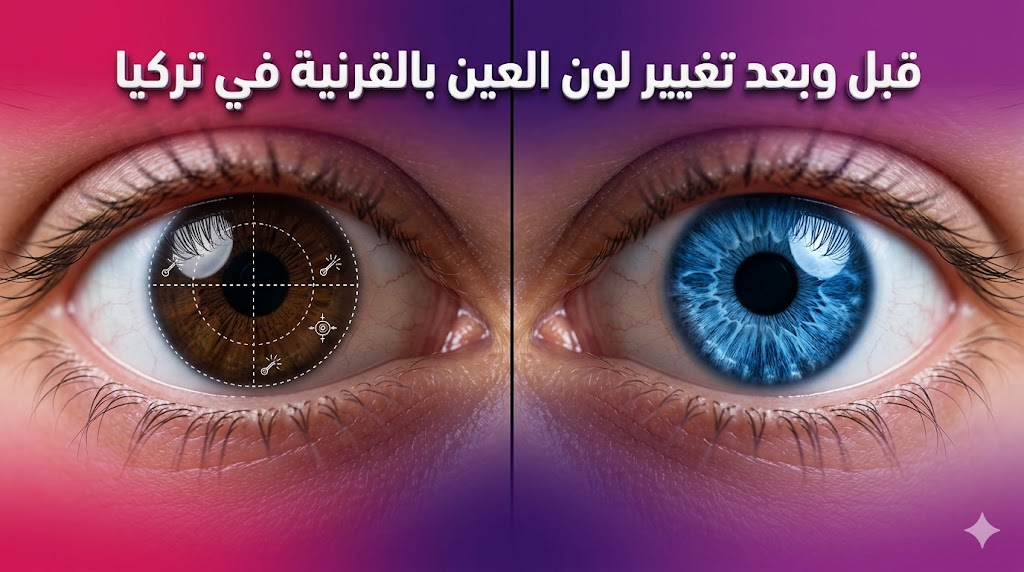  مقارنة قبل وبعد لنتائج تغيير لون العين بالقرنية في تركيا تظهر التحول من اللون البني إلى الأزرق.