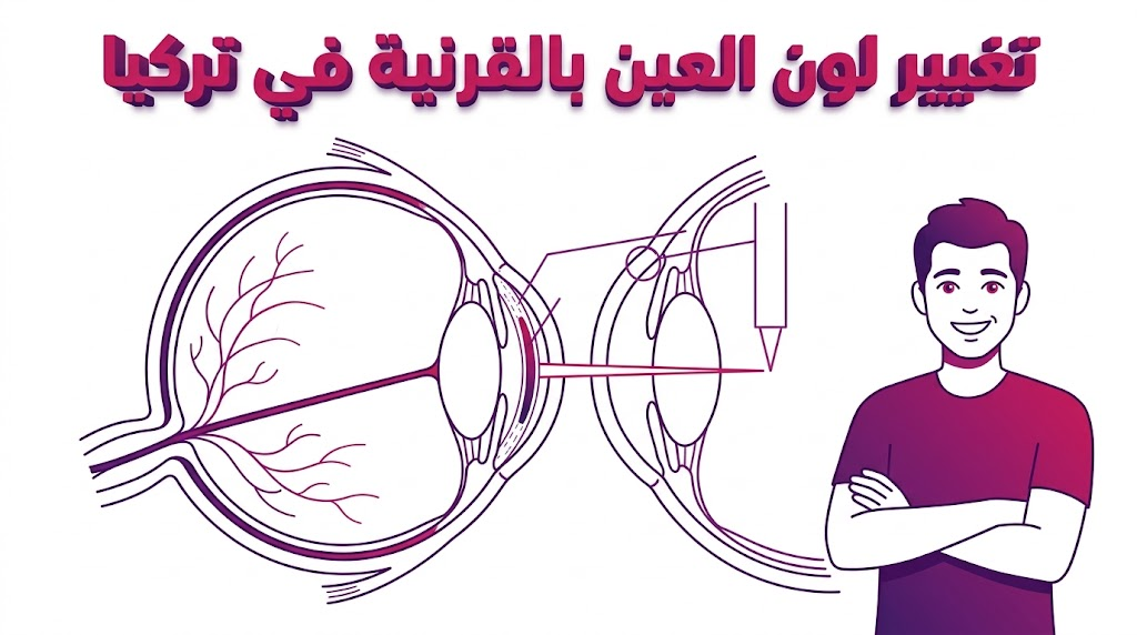 مخطط إنفوجرافيك يشرح التشريح الدقيق لكيفية تغيير لون العين بالقرنية في تركيا باستخدام تقنيات الليزر.