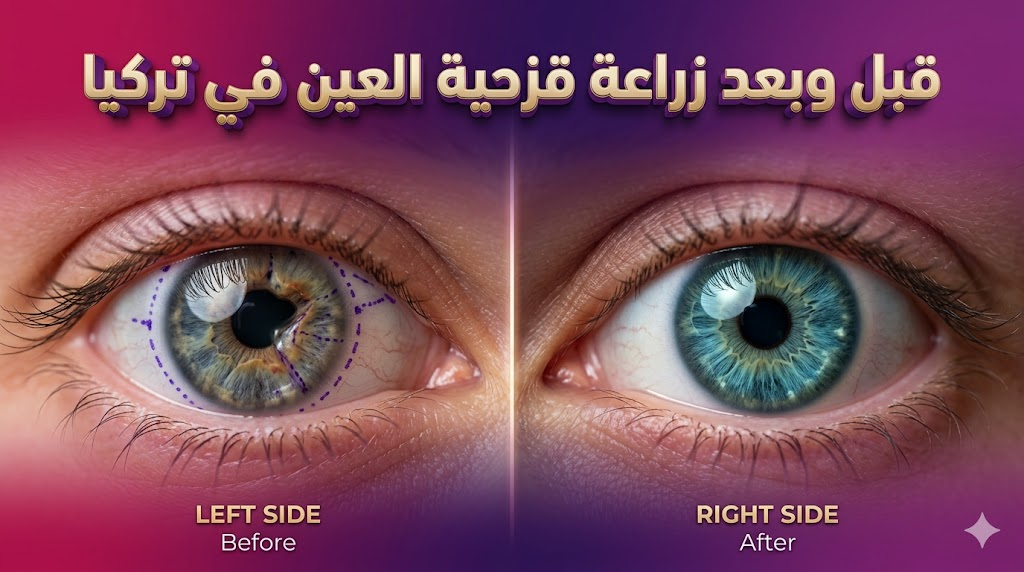 مقارنة قبل وبعد تظهر نتائج عملية زراعة قزحية العين في تركيا، حيث يظهر التحول من قزحية متضررة إلى قزحية اصطناعية سليمة وجميلة.