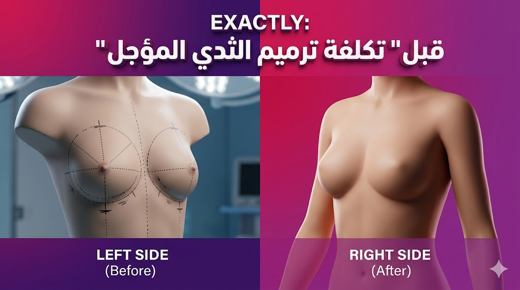 مقارنة قبل وبعد توضح نتائج العملية مع نص مكتوب "قبل وبعد تكلفة ترميم الثدي المؤجل".