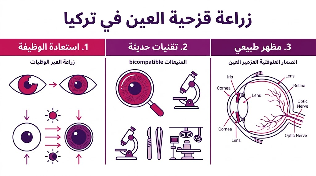  بوستر إنفوجرافيك طبي يلخص فوائد زراعة قزحية العين في تركيا من حيث الوظيفة البصرية، التقنيات المستخدمة، والجمالية الطبيعية.