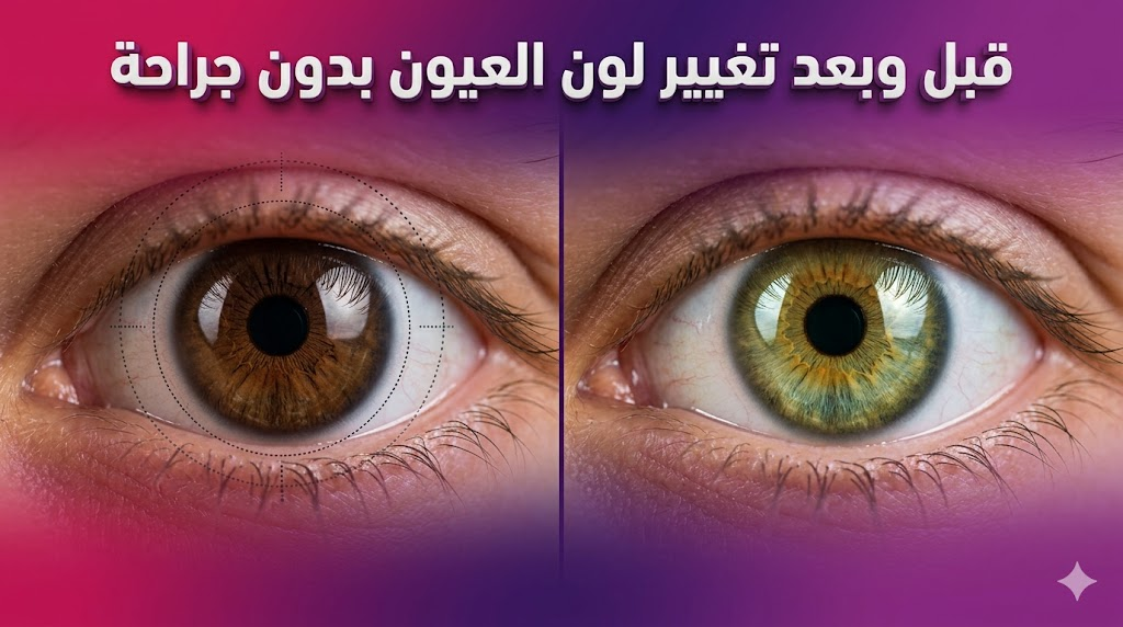 صورة واقعية "قبل وبعد" توضح نتائج تغيير لون العيون بدون جراحة من اللون البني إلى الأخضر العسلي بجودة عالية.