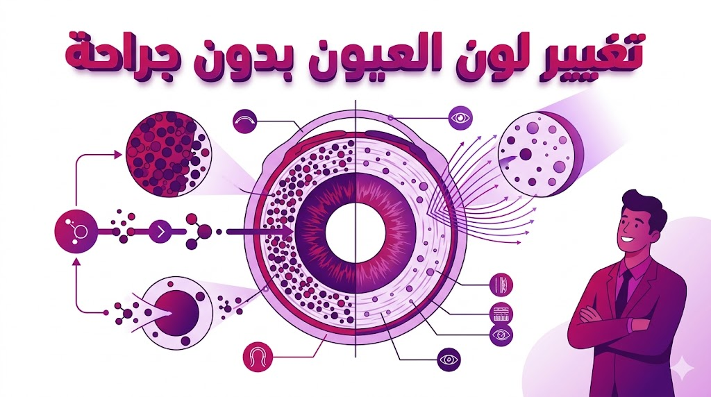 إنفوجرافيك طبي يوضح تشريح العين وتوزيع الصبغة لعملية تغيير لون العيون بدون جراحة بأسلوب فني راقٍ.