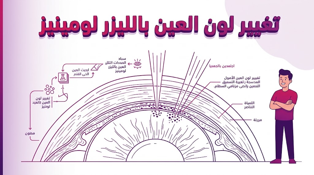 إنفوجرافيك طبي يشرح التشريح العلمي لعملية تغيير لون العين بالليزر لومينيز وكيفية استهداف الميلانين.