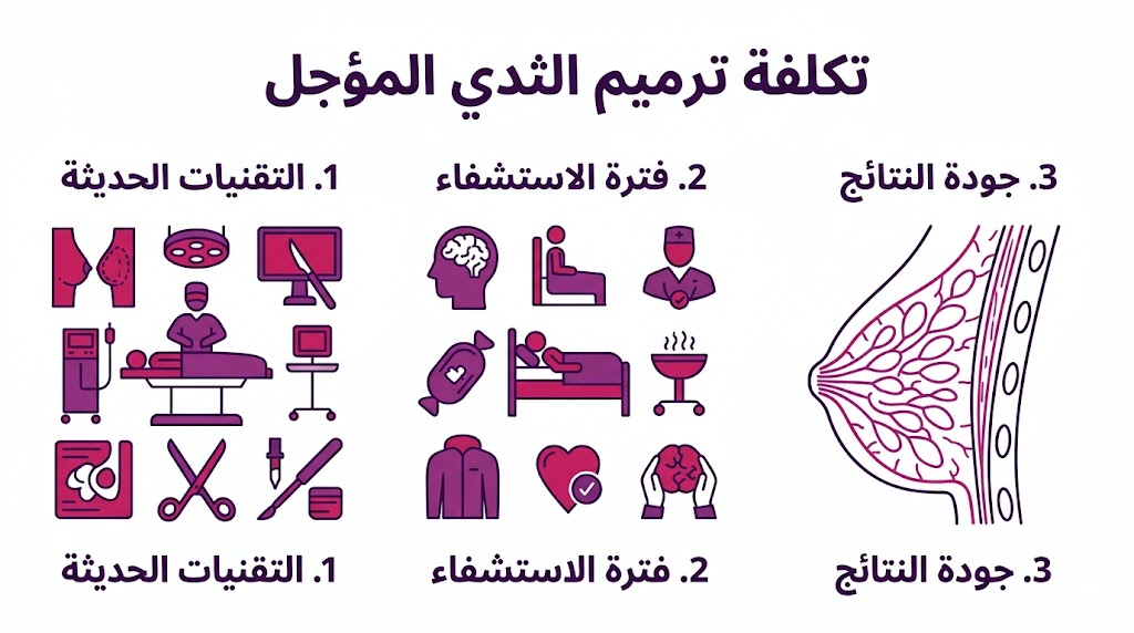  ملصق إنفوجرافيك مقسم لثلاثة أقسام يتناول التقنيات والاستشفاء والنتائج المتعلقة بـ تكلفة ترميم الثدي المؤجل.