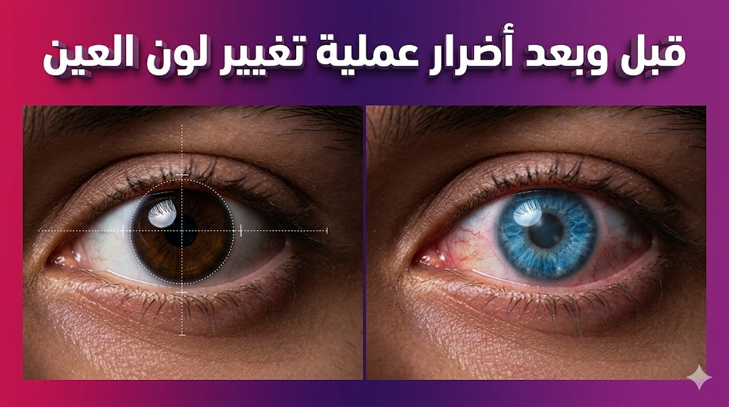 مقارنة قبل وبعد توضح علامات طبية وتحذيرية حول أضرار عملية تغيير لون العين على أنسجة العين.