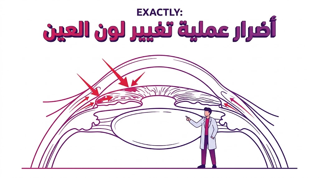  إنفوجرافيك طبي تشريحي يوضح الأجزاء الحساسة المتضررة عند إجراء أضرار عملية تغيير لون العين.