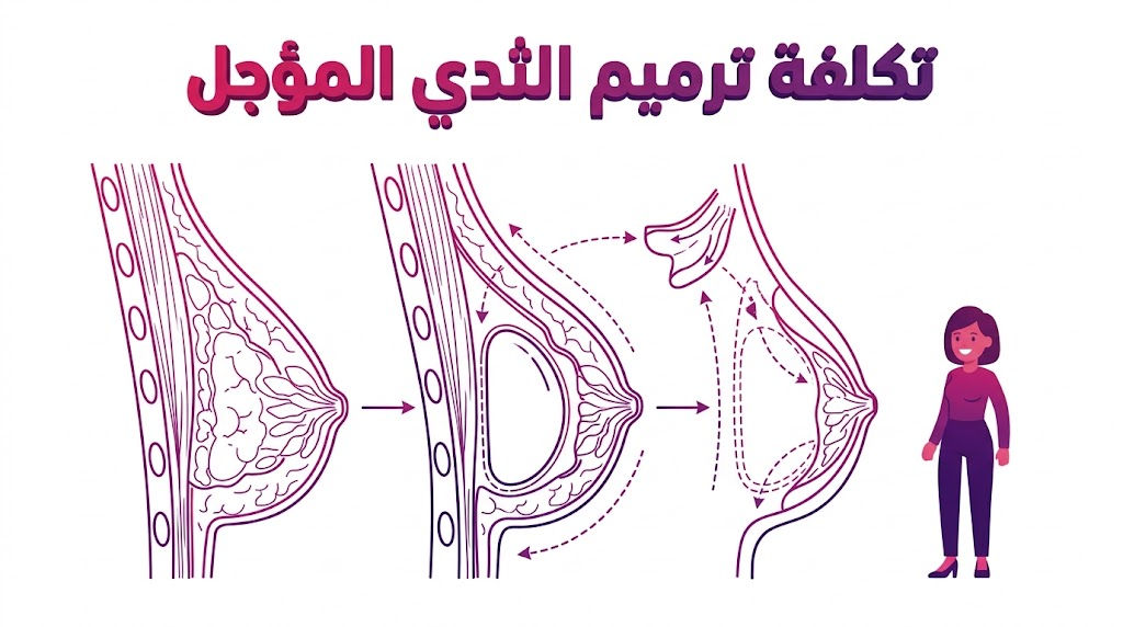 إنفوجرافيك طبي يشرح الجوانب العلمية لعملية تكلفة ترميم الثدي المؤجل باستخدام رسم تخطيطي.