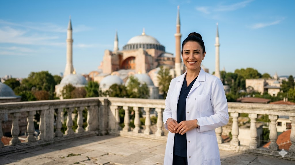  جراح تجميل محترف يقف أمام آيا صوفيا في إسطنبول، يمثل التميز الطبي في تكلفة ترميم الثدي المؤجل.