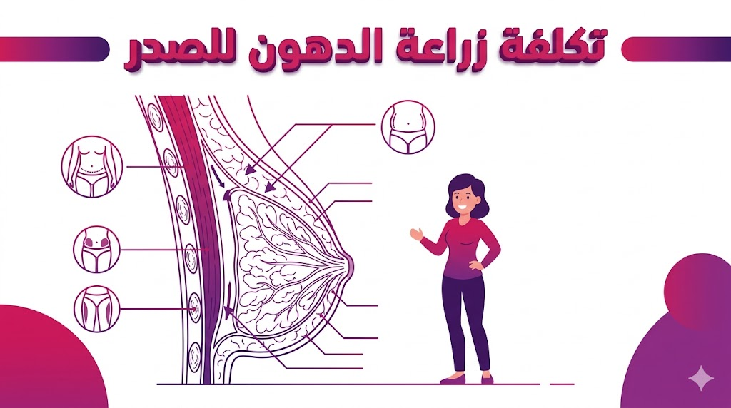  إنفوجرافيك طبي يشرح التشريح الداخلي وتوزيع الدهون لغرض تكلفة زراعة الدهون للصدر بأسلوب الرسم المتجهي.