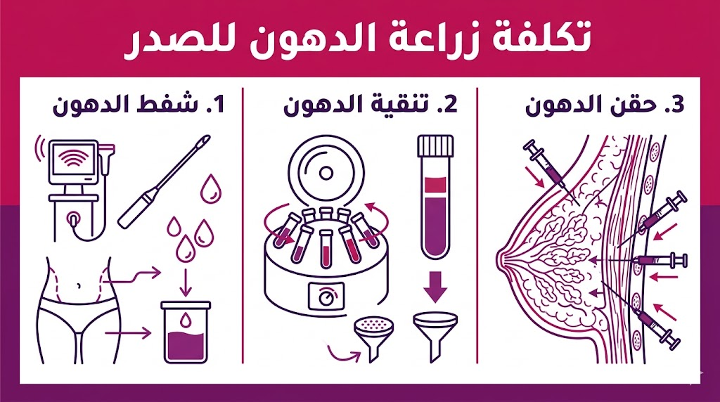 بوستر إنفوجرافيك يوضح مراحل العملية الثلاث التي تؤثر على تكلفة زراعة الدهون للصدر بشكل علمي ومبسط.