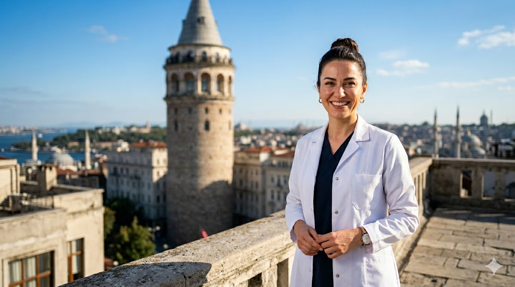 طبيب تجميل يقف أمام برج غالاتا في إسطنبول، يمثل الخبرة الطبية المتاحة عند البحث عن تكلفة زراعة الدهون للصدر.