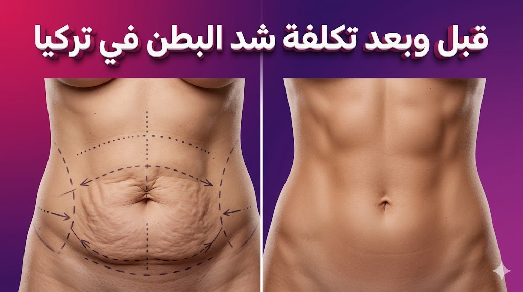  رسوم توضيحية عصرية لطبيب يشرح تفاصيل تكلفة شد البطن في تركيا لمريض داخل عيادة فاخرة.