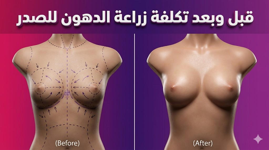 مقارنة قبل وبعد توضح نتائج العملية والبيانات المتعلقة بـ تكلفة زراعة الدهون للصدر على نموذج طبي ثلاثي الأبعاد.