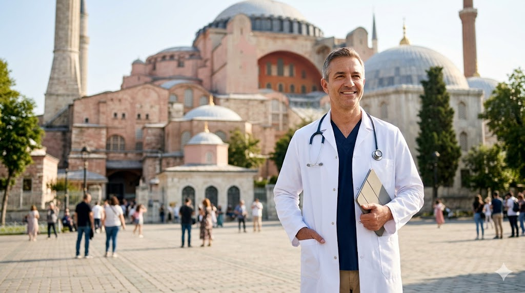  طبيب تجميل متخصص يقف أمام آيا صوفيا في اسطنبول لتقديم استشارات حول تكلفة حقن الدهون نانو فات.