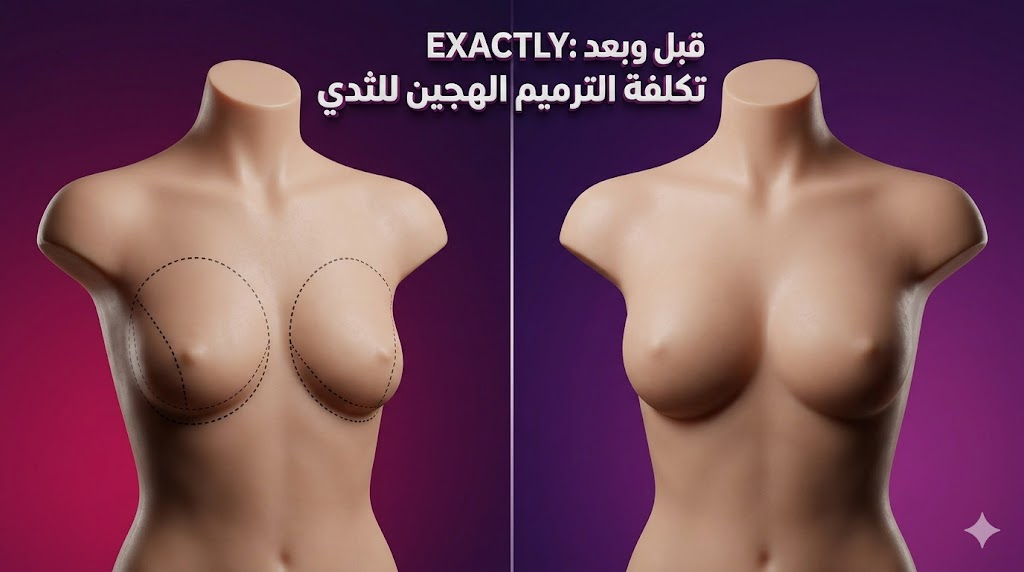 صورة "قبل وبعد" توضح نتائج و تكلفة الترميم الهجين للثدي من خلال نموذج طبي يظهر التناسق والملمس الطبيعي.