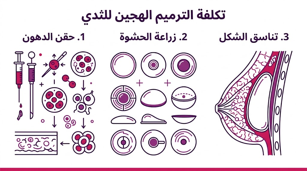 إنفوجرافيك يوضح خطوات العملية الثلاث الأساسية التي تحدد تكلفة الترميم الهجين للثدي.
