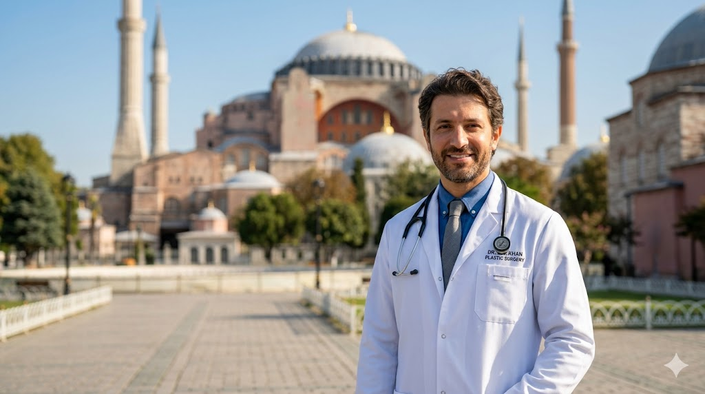 طبيب تجميل متخصص يقف أمام آيا صوفيا في إسطنبول، لتقديم استشارات حول تكلفة الترميم الهجين للثدي.