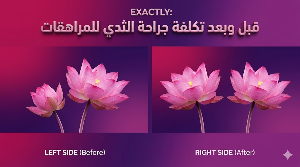 مقارنة رمزية "قبل وبعد" توضح التوازن المحقق بعد معرفة تكلفة جراحة الثدي للمراهقات وإجراء العملية.