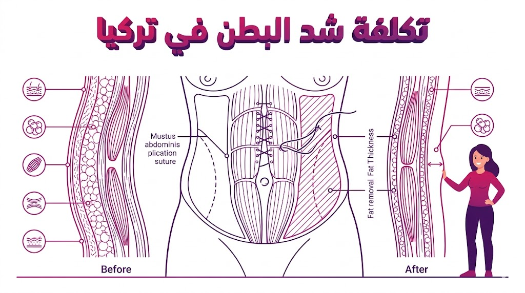 مخطط طبي تشريحي يوضح تقنيات الجراحة وتأثيرها على العضلات والجلد ضمن سياق تكلفة شد البطن في تركيا.