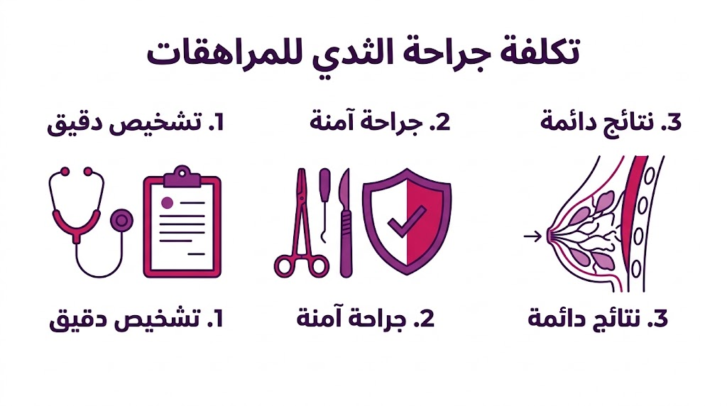 إنفوجرافيك طبي يوضح مراحل العملية والعوامل التي تحدد تكلفة جراحة الثدي للمراهقات.