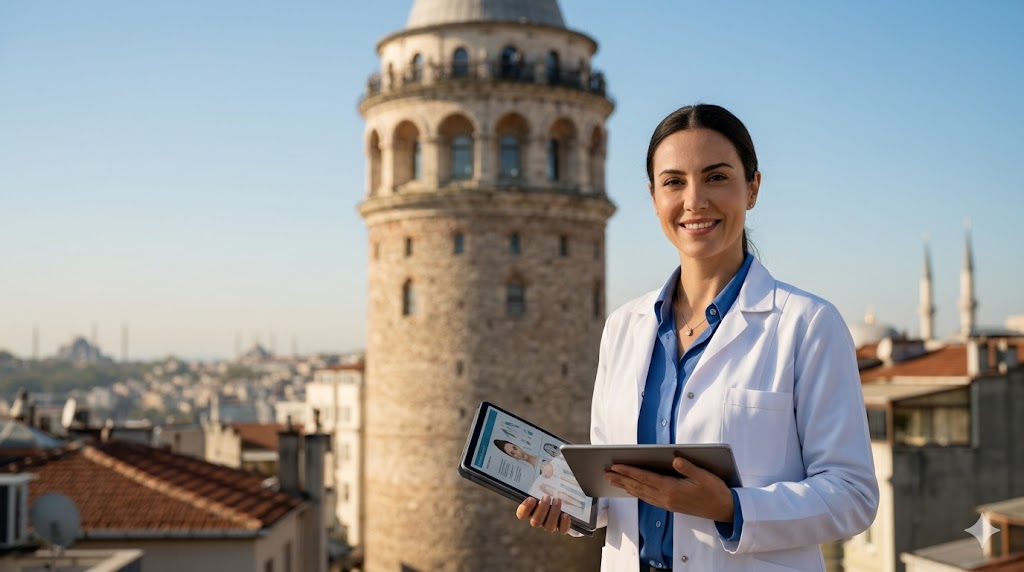 طبيبة تجميل متخصصة تقف أمام برج غالاتا في تركيا، مرتبطة بخدمات تكلفة جراحة الثدي للمراهقات.