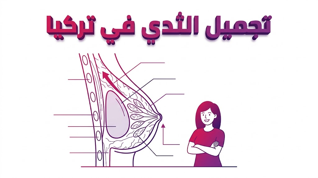 إنفوجرافيك طبي تعليمي يوضح التشريح الداخلي وتقنيات تجميل الثدي في تركيا بأسلوب الرسم المتجهي الأنيق.