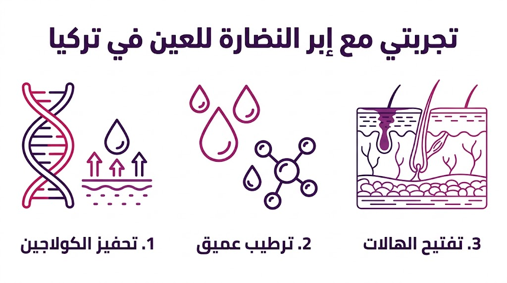 إنفوجرافيك تعليمي يلخص مراحل ونتائج تجربتي مع إبر النضارة للعين في تركيا من حيث الكولاجين والترطيب والتفتيح.