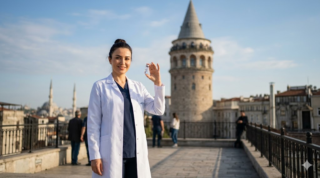 طبيب تجميل مختص يقف أمام برج غالاتا في إسطنبول، مما يعكس الثقة والأمان المرتبطين بـ تجربتي مع إبر النضارة للعين في تركيا.