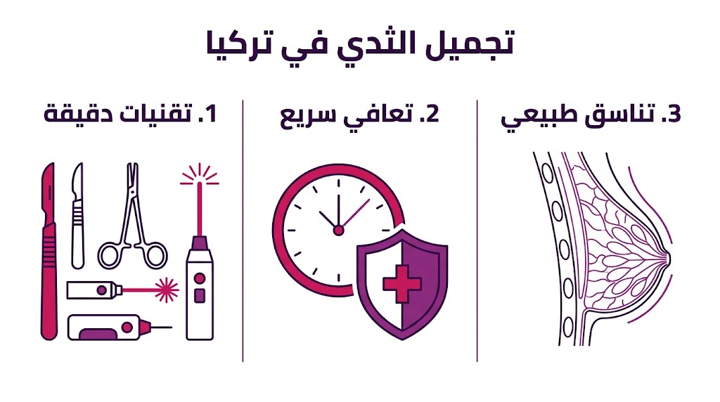 بوستر إنفوجرافيك مقسم لثلاثة أقسام يشرح مزايا تجميل الثدي في تركيا من حيث التقنيات وسرعة التعافي والنتائج الطبيعية.