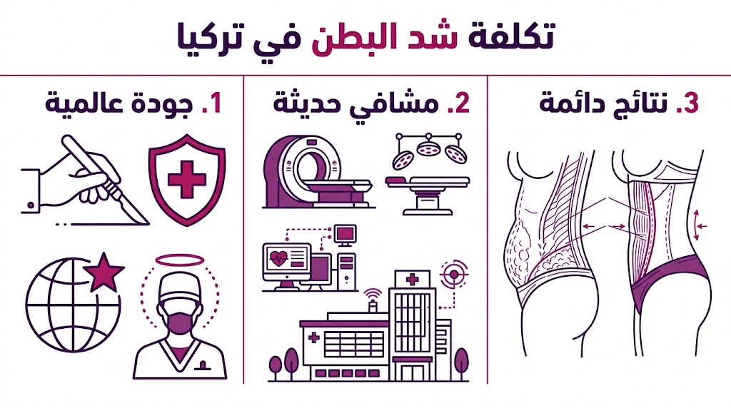  إنفوجرافيك طبي يوضح مزايا ومراحل العملية والخدمات المقدمة مقابل تكلفة شد البطن في تركيا.