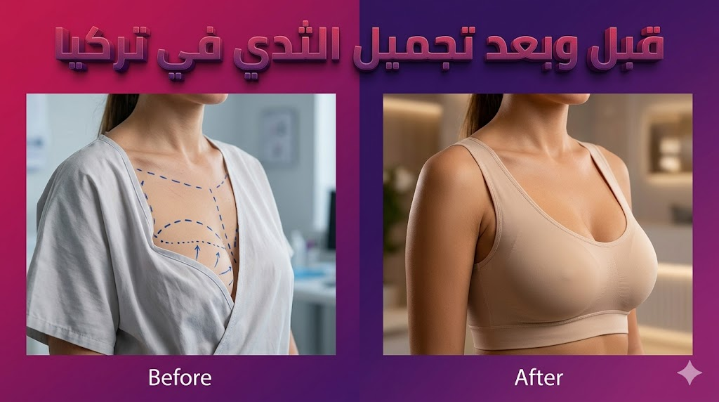 صورة مقارنة "قبل وبعد" توضح علامات التخطيط الجراحي والنتائج النهائية المثالية لعملية تجميل الثدي في تركيا.