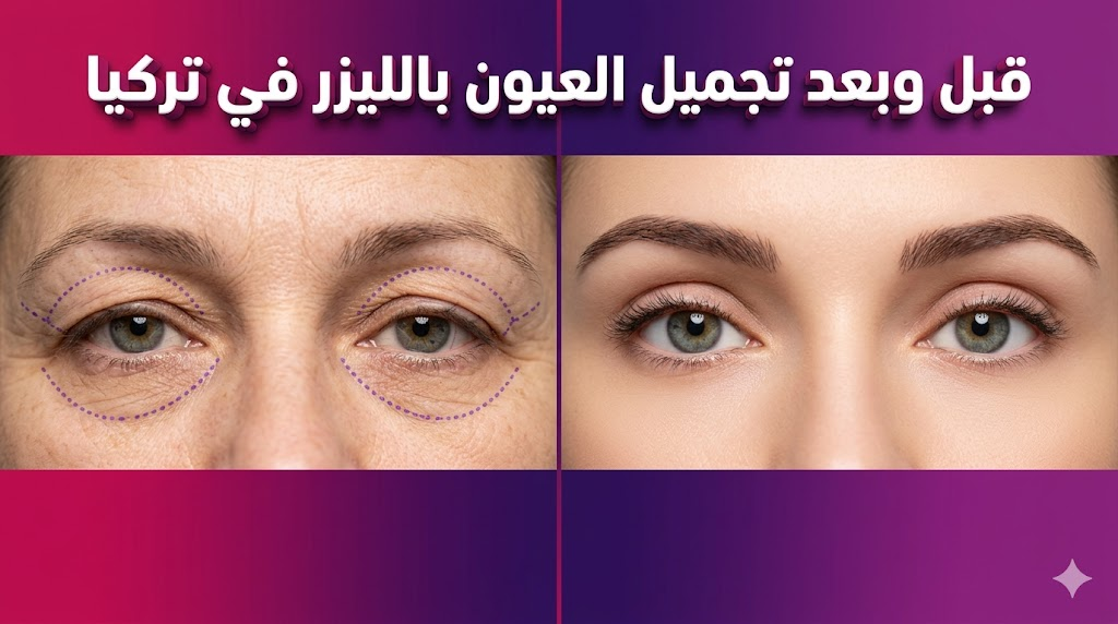 مقارنة قبل وبعد تجميل العيون بالليزر في تركيا تظهر نتائج شد الجفون واختفاء التجاعيد مع نص عربي ثلاثي الأبعاد.