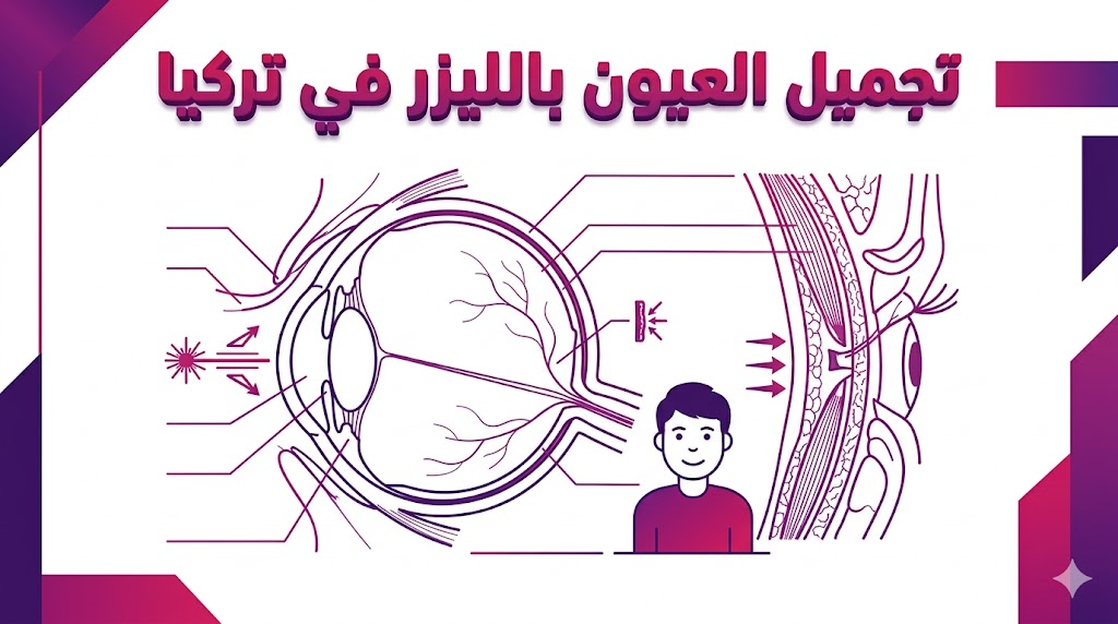 مخطط إنفوجرافيك تعليمي يوضح التشريح الطبي لعملية تجميل العيون بالليزر في تركيا بألوان متناسقة وتصميم مسطح.