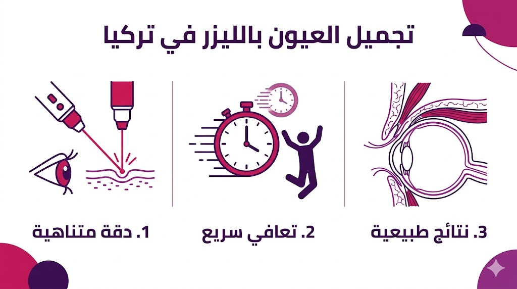 بوستر إنفوجرافيك يوضح ثلاث مميزات لعملية تجميل العيون بالليزر في تركيا: الدقة، سرعة التعافي، والنتائج الطبيعية.