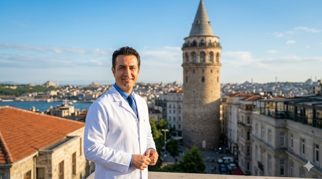 طبيب تجميل متميز يقف أمام برج غالاتا في إسطنبول، يمثل الخبرة التركية في مجال تجميل العيون بالليزر في تركيا.