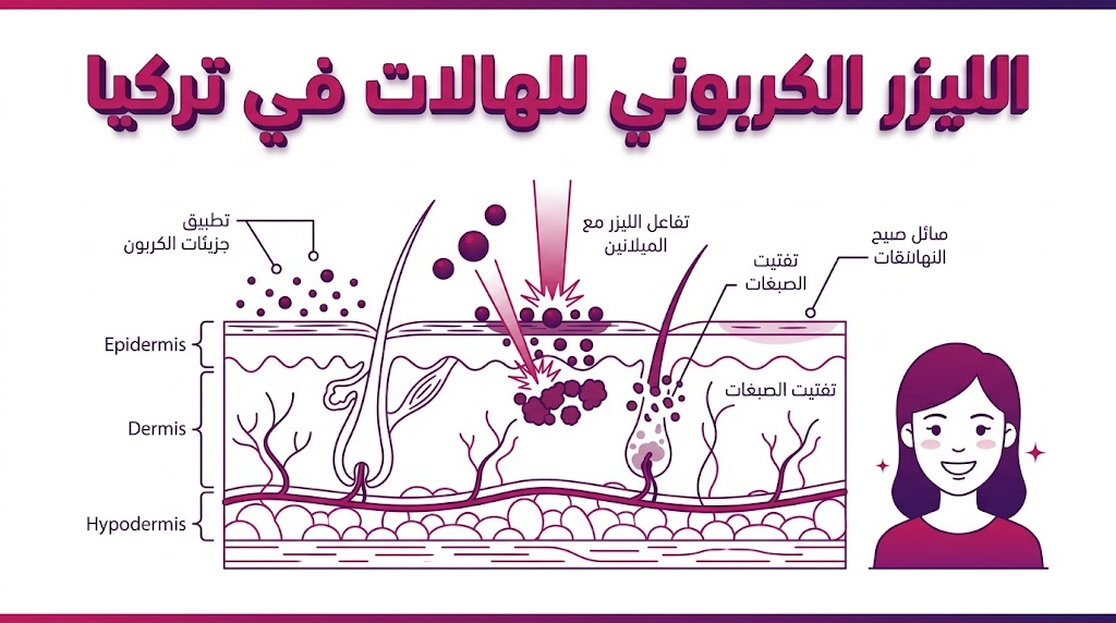 مخطط تشريحي طبي بنظام الفيكتور يوضح آلية عمل الليزر الكربوني للهالات في تركيا على طبقات الجلد تحت العين.