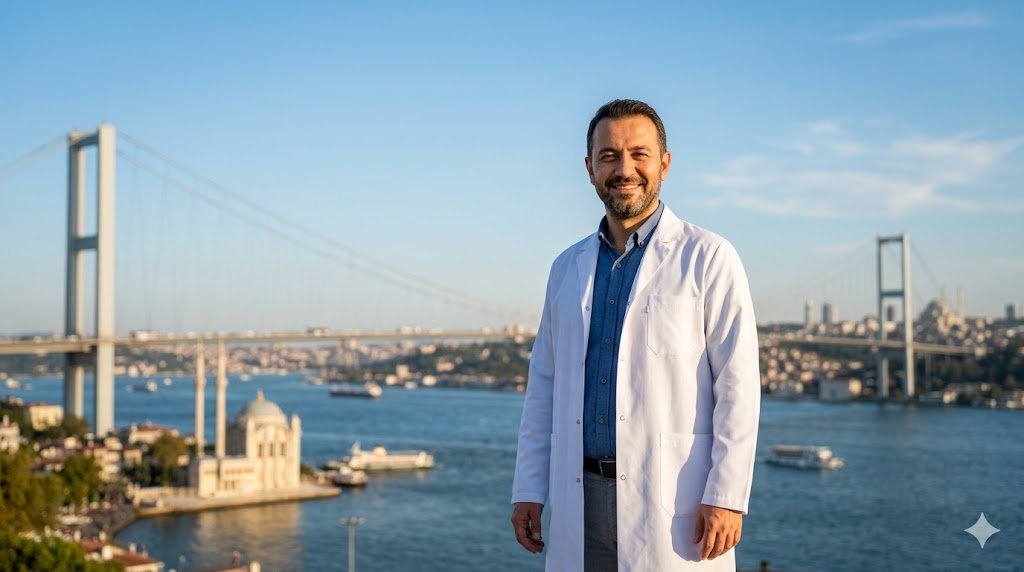 طبيب تجميل متخصص في إسطنبول يقدم استشارات حول تكلفة رفع الصدر في تركيا أمام جسر البوسفور.